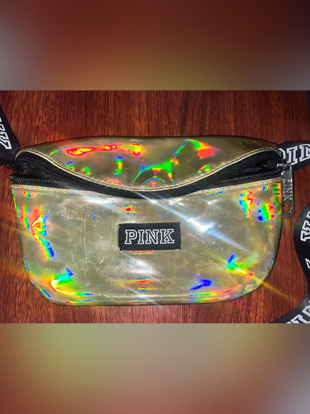 PINK Victoria's Secret Holographic Gold Belt Bag with Branded Black Strap